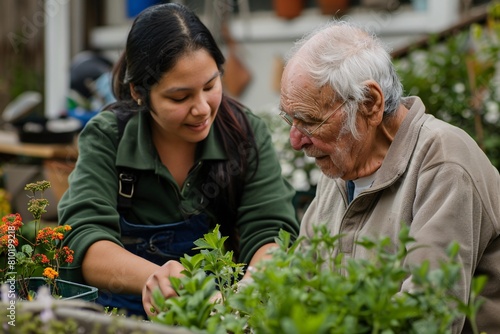 Caregiver Helping Elderly Man with Garden Therapy