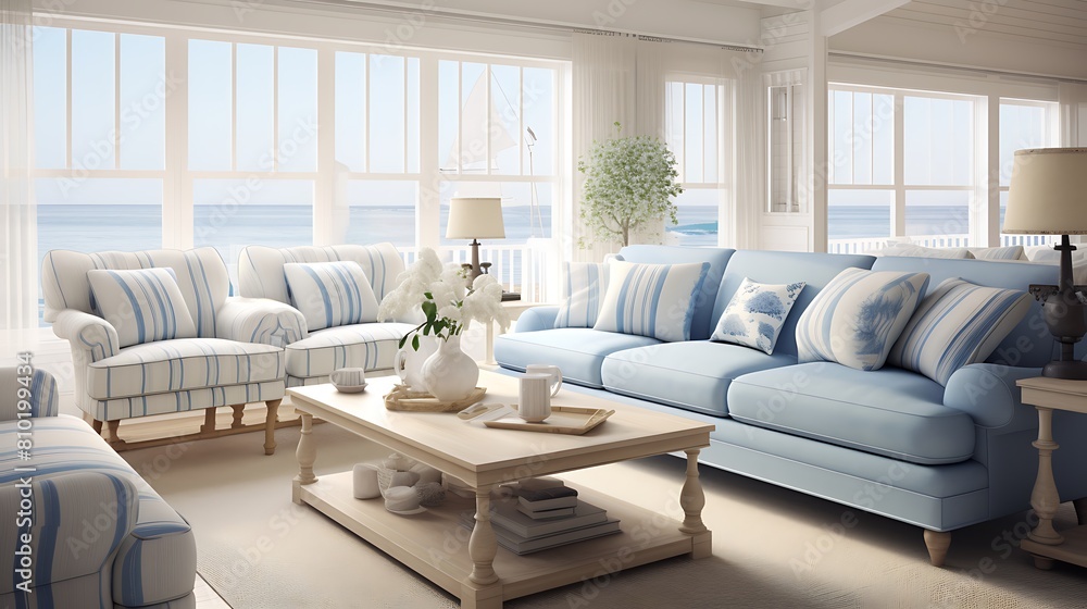 Devise a coastal-themed living room with light, airy fabrics and nautical decor