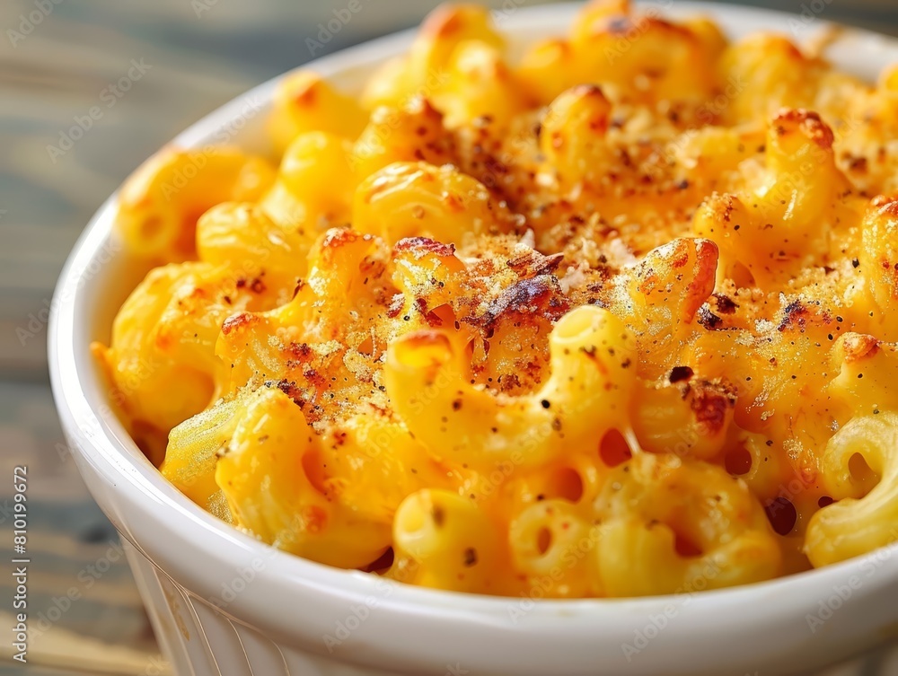 Experience the comfort of a homemade Mac and Cheese, displayed in a proper nutrition banner, promoting a comforting yet healthy meal Experience the comfort of a homemade Mac and Cheese, displayed in a proper nutrition banner, promoting a comforting yet healthy meal