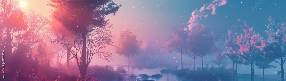 Fantasy scenes of Boreal Forest, where trees dance in cyberpunk 80s colors, blending technology with nature, kawaii template sharpen with copy space Fantasy scenes of Boreal Forest, where trees dance in cyberpunk 80s colors, blending technology with nature, kawaii template sharpen with copy space