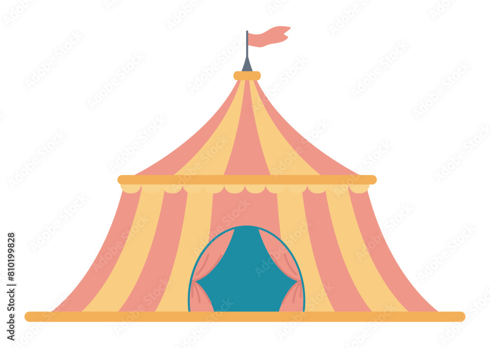 Circus tent in flat design. Striped marquee with flag for performance show. Vector illustration isolated. Circus tent in flat design. Striped marquee with flag for performance show. Vector illustration isolated.