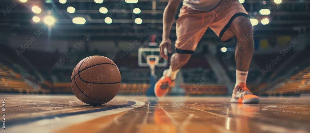 Featuring a closeup of a basketball player dribbling on an indoor court, the image underscores the dynamics of precision and skill Featuring a closeup of a basketball player dribbling on an indoor court, the image underscores the dynamics of precision and skill
