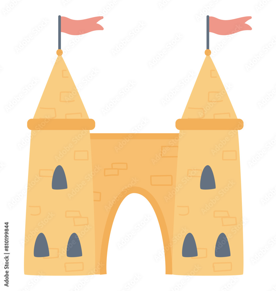 Medieval tower with flags in flat design. Fairytale decoration at park. Vector illustration isolated.
