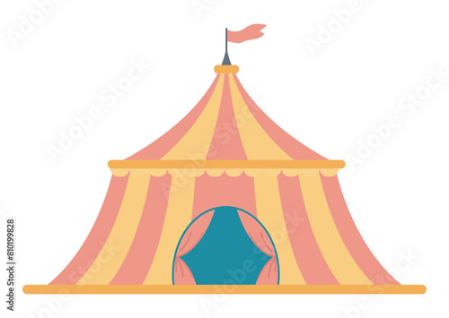 Circus tent in flat design. Striped marquee with flag for performance show. Vector illustration isolated.