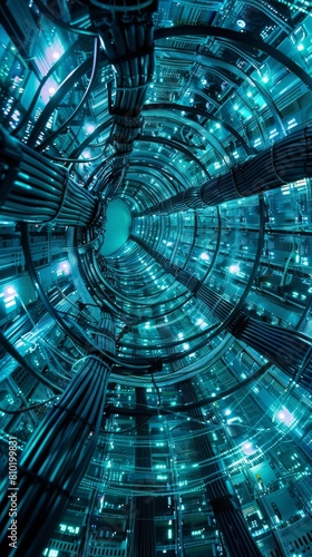Abstract  vertical perspective of a cybernetic tunnel resembling a high-tech server room
