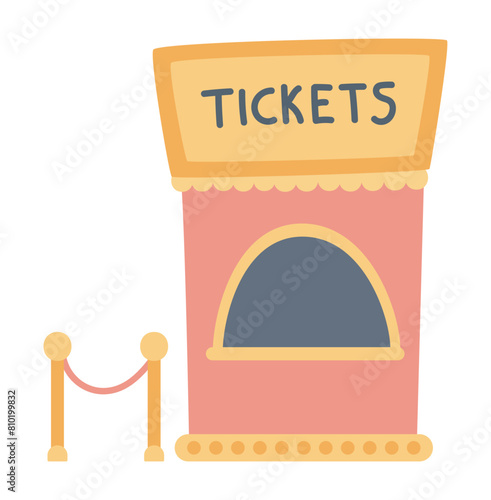 Ticket booth and entrance in flat design. Tickets shop in amusement park. Vector illustration isolated.