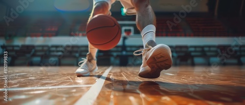 Featuring a closeup of a basketball player dribbling on an indoor court, the image underscores the dynamics of precision and skill photo