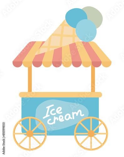 Ice cream booth in flat design. Street food cart at amusement park. Vector illustration isolated.