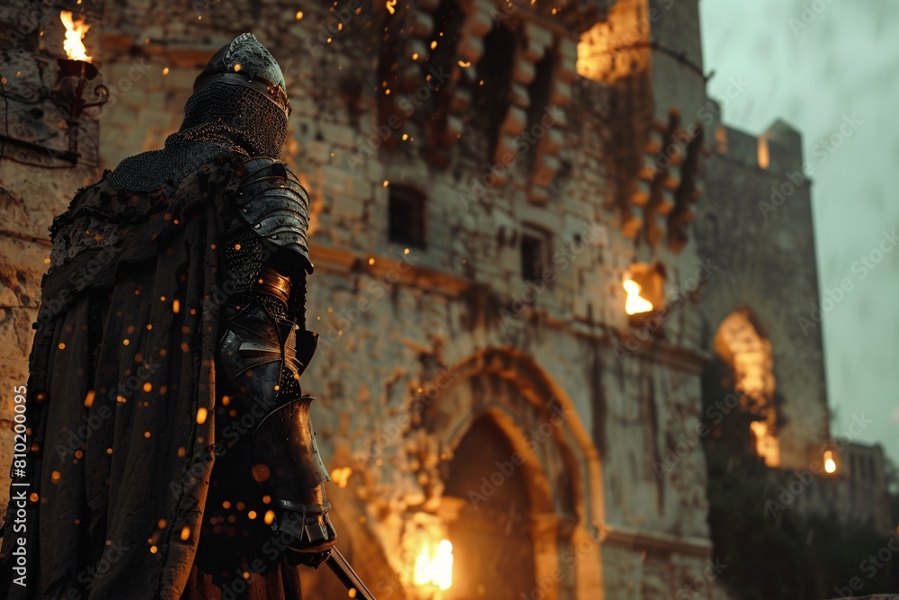 A voyager from the future, garbed in advanced cybernetic implants, arrives in the medieval age, amidst castle battlements and armored knights, under the light of torches A voyager from the future, garbed in advanced cybernetic implants, arrives in the medieval age, amidst castle battlements and armored knights, under the light of torches