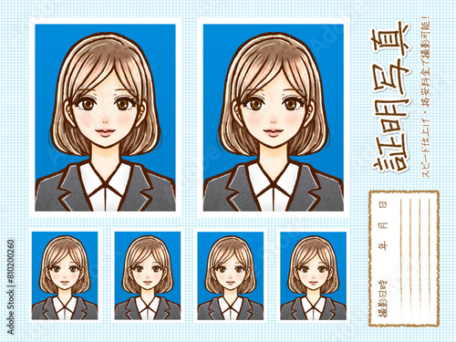 就活中のスーツ姿の茶髪OLの証明写真イラスト素材