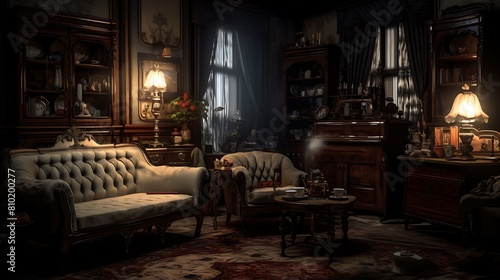 Devise a ghostly Victorian living room with eerie lighting and antique  haunted furniture