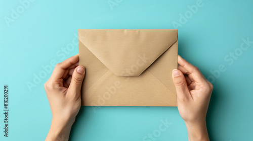 Male hands with envelope on color background closeup -