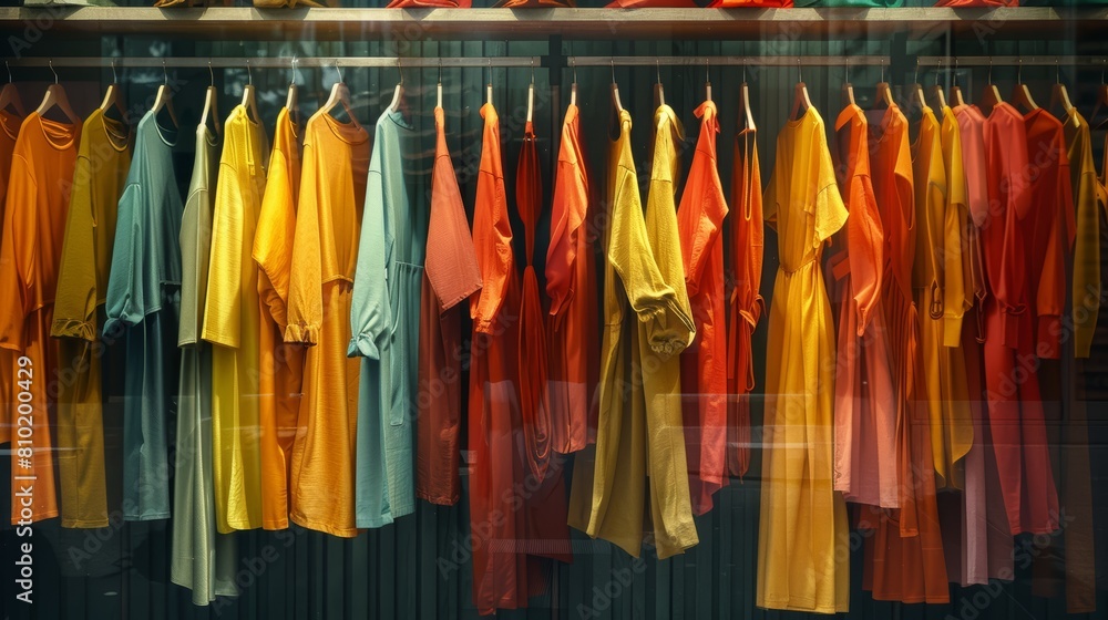 Organized display of clothes in striking, coordinated colors, contrasted with a muted background, emphasizing clarity and vibrancy
