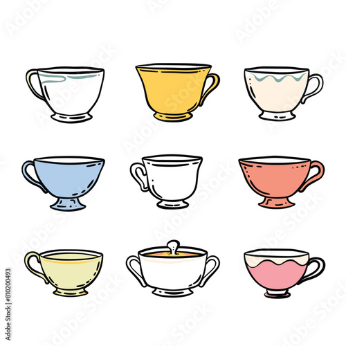 Set nine colorful teacups, various designs, handdrawn style. Kitchenware illustration, simple teacup shapes, one tea visible. Collection teacups, pastel colors, cartoon vector isolated white