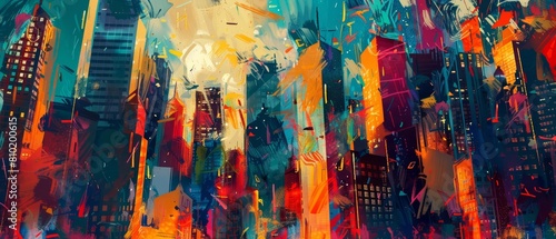 Imagine a city where buildings dance to celebrate holidays, a lively urban fantasy rendered in an abstract expressionist style, perfect for an illustration template