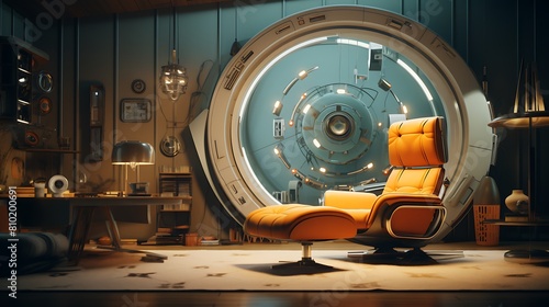 Devise a time-traveler's living room with retro-futuristic gadgets and vintage furniture