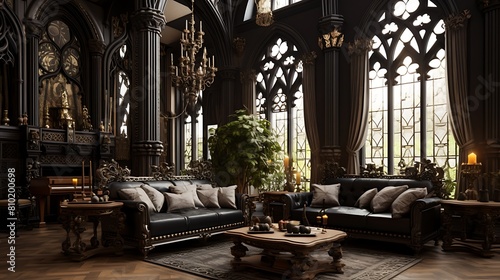 Devise a neo-Gothic living room with ornate carvings and dramatic, dark furniture