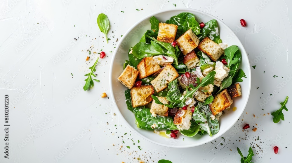 Relish the crisp taste of a Caesar Salad, artfully displayed on a food on white background top view, setting a fresh standard for a culinary advertisement Relish the crisp taste of a Caesar Salad, artfully displayed on a food on white background top view, setting a fresh standard for a culinary advertisement