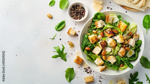Relish the crisp taste of a Caesar Salad, artfully displayed on a food on white background top view, setting a fresh standard for a culinary advertisement