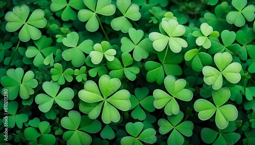 A clover field in forest. Lucky Irish Four Leaf Clover in the Field for St. Patricks Day background with copy space.