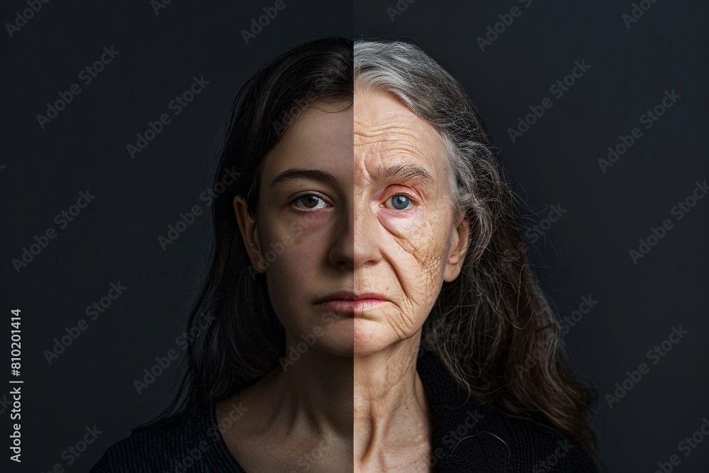 A dramatic before-and-after split-image display showcasing the transformation of a woman from her youthful self to an elderly figure A dramatic before-and-after split-image display showcasing the transformation of a woman from her youthful self to an elderly figure