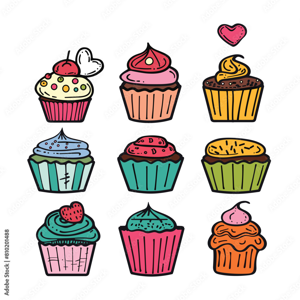 Nine colorful cupcakes cartoon doodle drawing array. Sweet desserts different toppings strawberries, sprinkles, hearts. Handdrawn style delicious treats birthday party, bakery menu