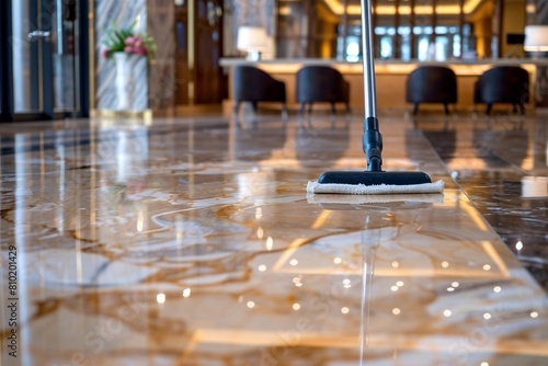 A detailed view of a mop in use, ensuring thorough cleanliness on the marble floor of a corporate lobby photo