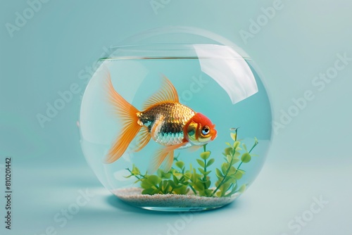 A detailed shot of a circular fish aquarium featuring a lively goldfish  set against a plain pastel background  capturing the serenity of underwater life