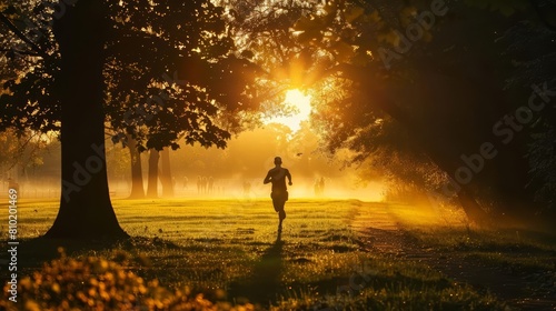 Set in a serene morning park, the photo captures a joggers silhouette against the rising sun, providing space for motivational fitness slogans photo