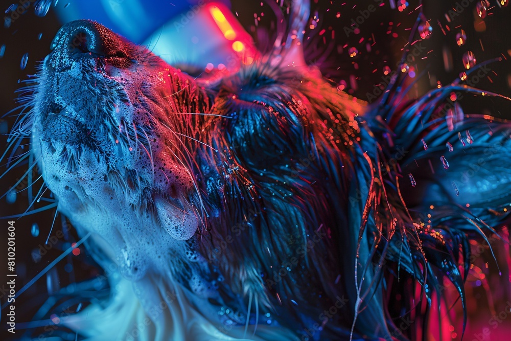 Fototapeta premium A detailed close-up of a dog during a shampooing session, with vibrant colors and soft illumination adding vibrancy to the grooming process