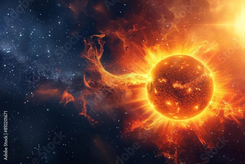 bright sun with powerful solar flares and coronal mass ejections against dark starry sky abstract photo