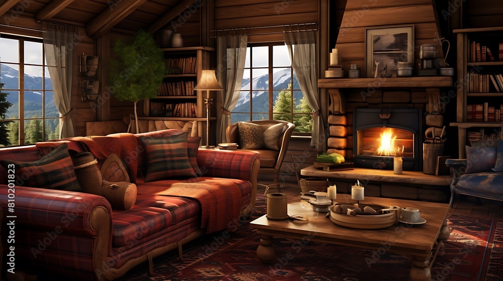 Establish a cozy cabin-inspired living room with log furniture and warm, plaid accents Establish a cozy cabin-inspired living room with log furniture and warm, plaid accents
