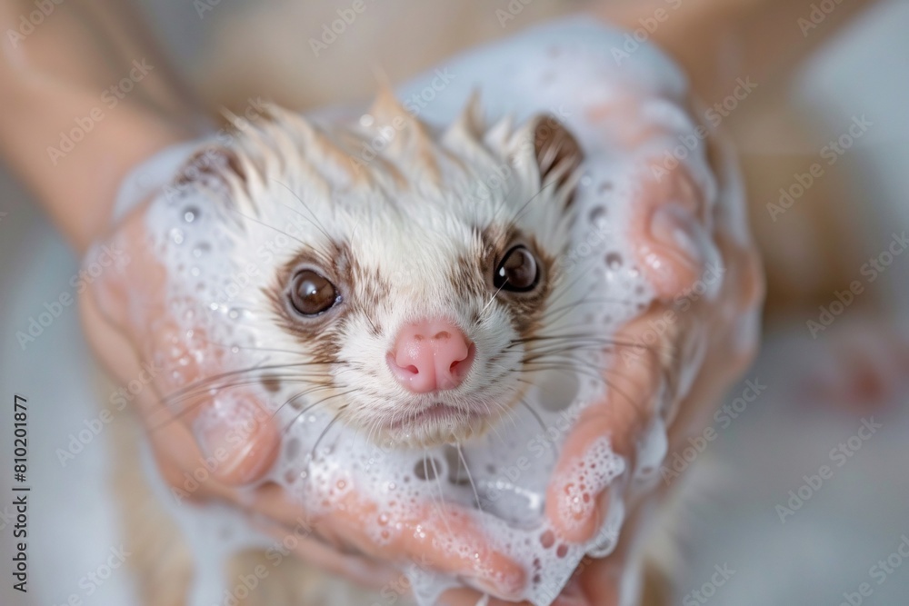 A close-up perspective of a ferret getting a shampoo treatment, with soft tones and diffused lighting creating a tranquil ambiance A close-up perspective of a ferret getting a shampoo treatment, with soft tones and diffused lighting creating a tranquil ambiance