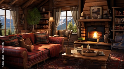 Establish a cozy cabin-inspired living room with log furniture and warm, plaid accents © Muhammad