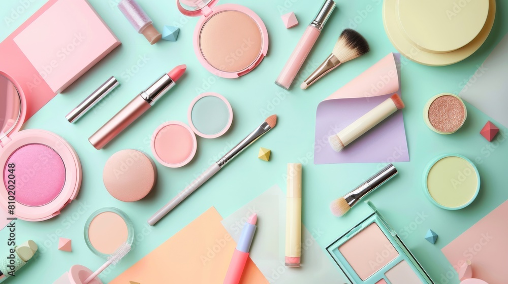 A row of makeup brushes with a blue background A row of makeup brushes with a blue background