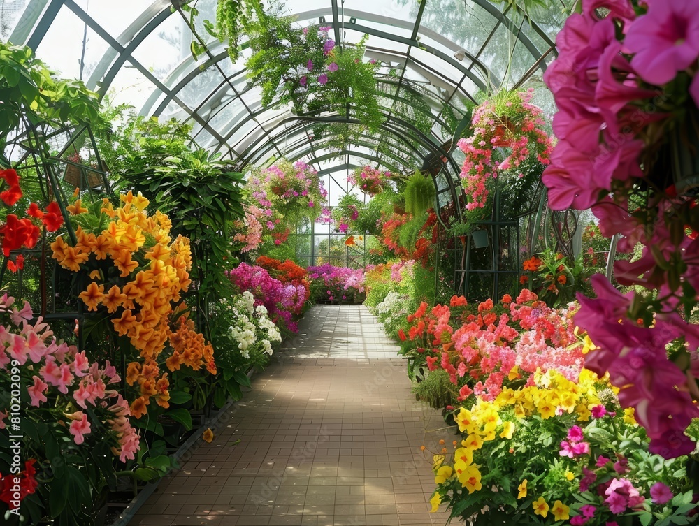 The setting is a lush greenhouse, filled with an array of colorful flowers, providing plenty of copy space for botanical garden promotions
