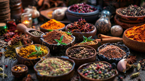 Many different spices on table photo