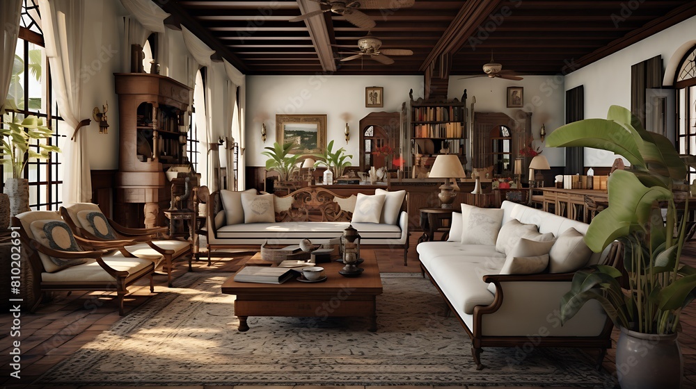 Establish a post-colonial living room with colonial-era furnishings and cultural artifacts
