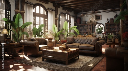 Establish a post-colonial living room with colonial-era furnishings and cultural artifacts