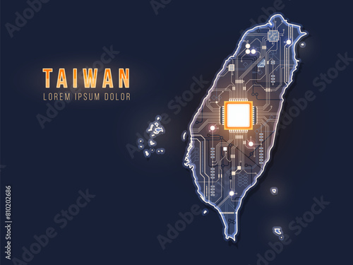 Taiwan map silhouette with microchip illustration. Vector illustration. Geopolitical concept set.