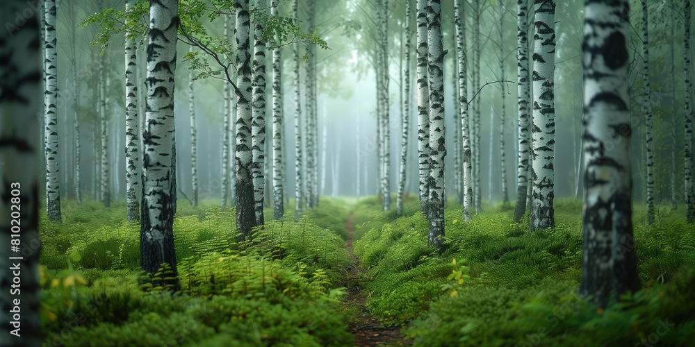 Fototapeta premium Pathway through a beautiful birch forest in a foggy morning