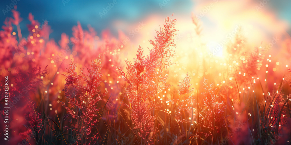 Sunset over the meadow with grass flowers. Nature background. Sunset over the meadow with grass flowers. Nature background.