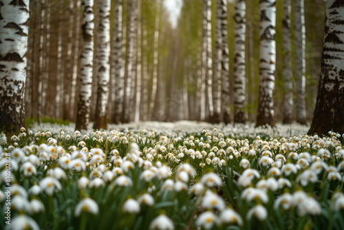 Beautiful white snowdrop flowers in birch grove in springtime