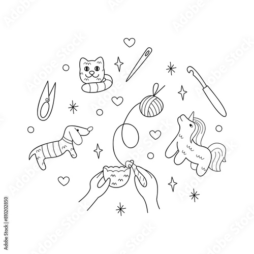 Knitting amigurumi, knitted toys and tools. Doodle outline vector black and white illustration.