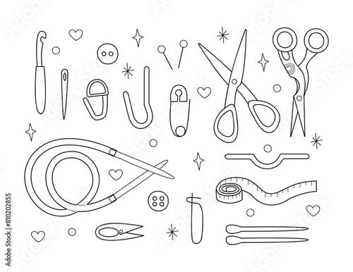 Set of knitting tools and accessories. Doodle outline vector black and white illustration.