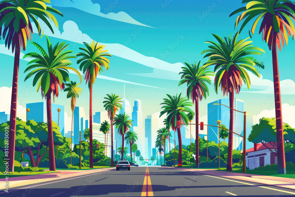 Flat Illustration of a City Street Lined With Tall Palm Trees
