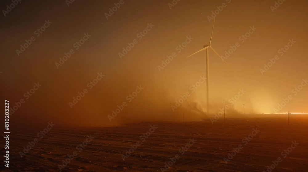 Obraz premium Powering Through the Storm: Wind Turbine Stands Strong, Generating Clean Energy During Sandstorm