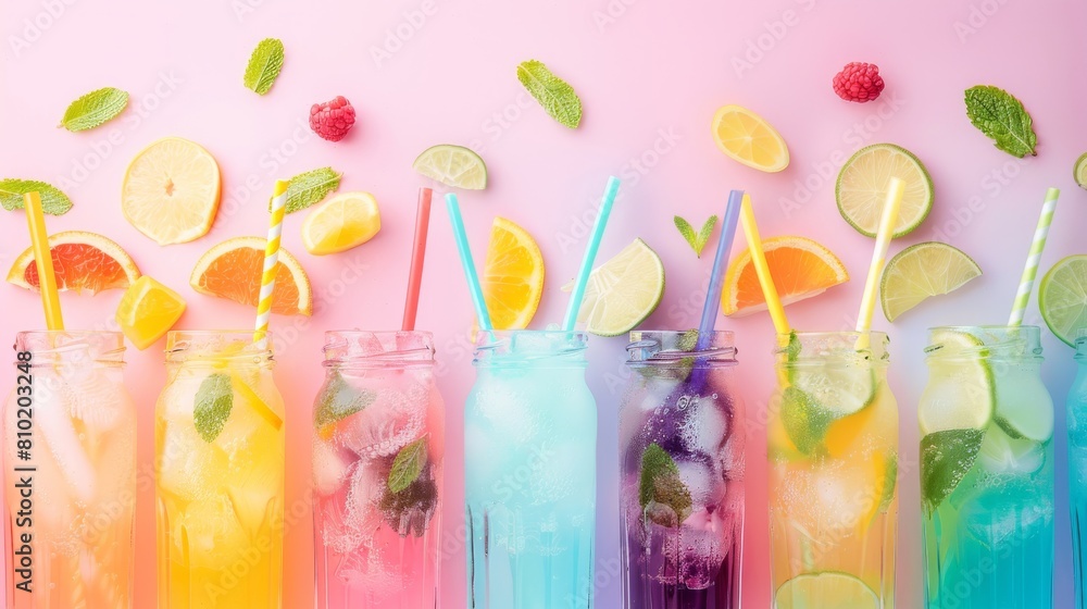 A row of glasses with fruit garnishes on top A row of glasses with fruit garnishes on top