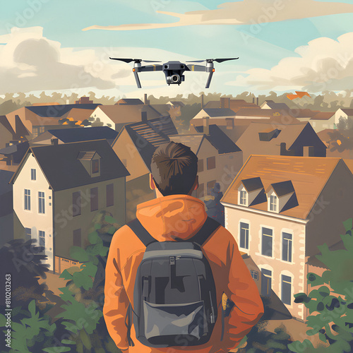Flying drone, beautiful landscape flat style illustration 