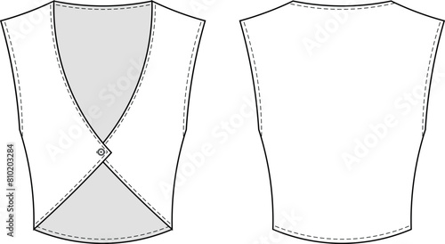 deep v neck sleeveless single buttoned low-cut crop cropped blouse top shirt template technical drawing flat sketch cad mockup fashion woman design style model
